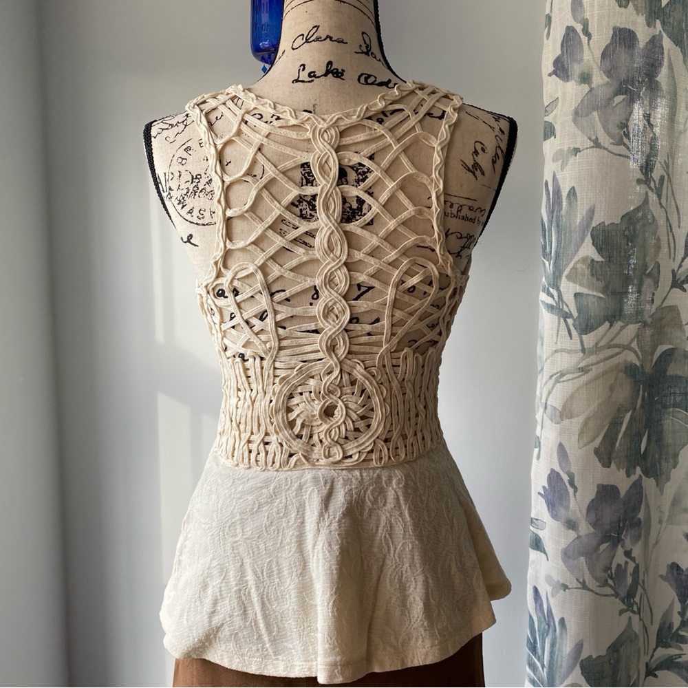 Free People cream jacquard peplum tank top open crochet back boho romantic